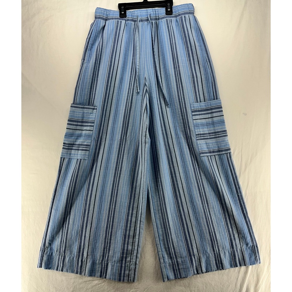 Halara Blue Striped Wide Leg Cargo Pants Elastic Waist Drawstring Small Regular